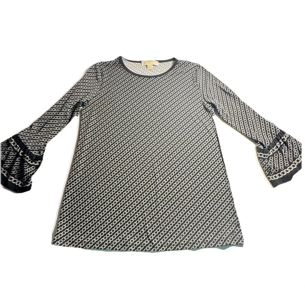 Michael Kors Women Black White‎ Chain Link Print Bell Sleeve Top Size S Blouse